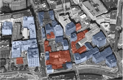 The distribution of garment buildings (blue) and Chinatown buildings (brown) circa 1930. Diagram by Randall Imai.