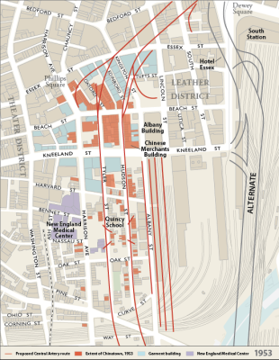 Map of DPW proposal for alternate routes for the Central Artery. Early 1950s. Source: http://www.massdot.state.ma.us/highway/Departments/EnvironmentalServices/CulturalResourcesUnit/BostonAerialPhotos.aspx 